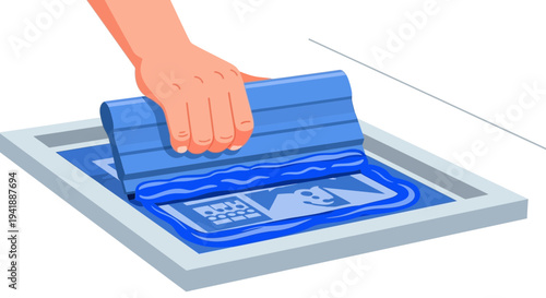 Hand Silkscreen Printing Process with Blue Ink and Squeegee