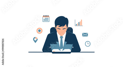 Vector illustration of businessman working on laptop with office icons