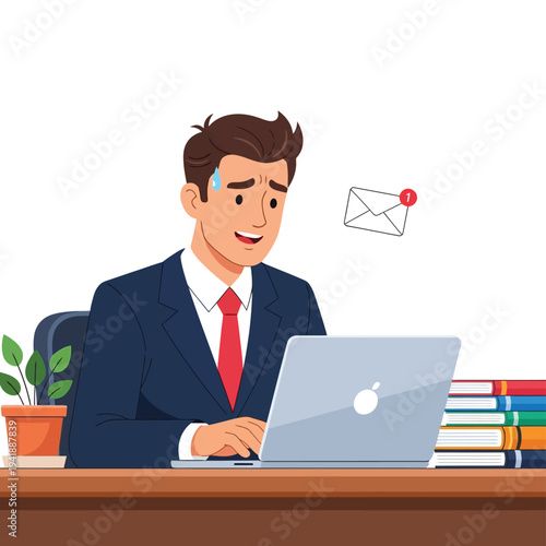 Overwhelmed businessman working late at desk with laptop, pile of books, and potted plant; new email notification