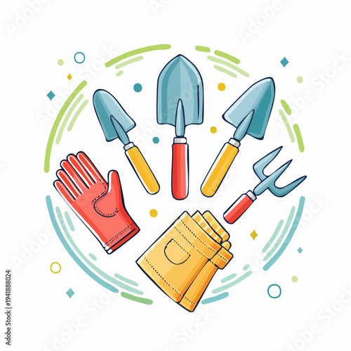 Gardening Tools and Gloves Set Illustration.