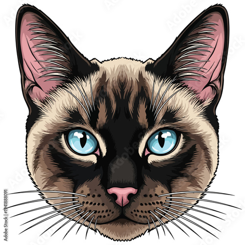 Siamese cat face close-up, striking blue eyes, detailed portrait, animal head