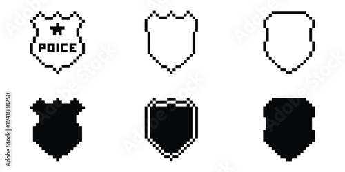Pixel Art Shield Icon Set, Security and Protection Symbol Collection with Various Pixelated Shield Designs, Retro Game Style Defense Icons Isolated on White Background, Vector Illustration