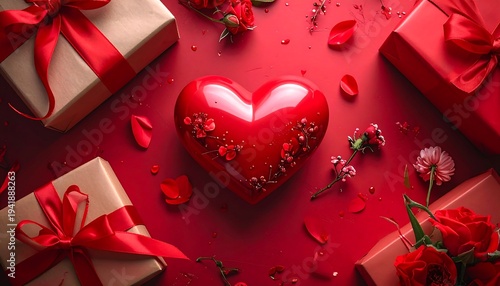 Valentines Day Gifts and Heart on Red Background.