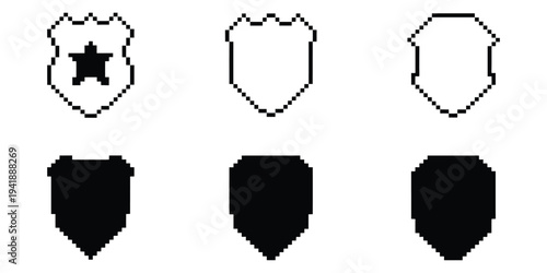 Pixel Art Shield Icon Set, Security and Protection Symbol Collection with Various Pixelated Shield Designs, Retro Game Style Defense Icons Isolated on White Background, Vector Illustration