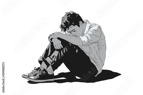 Depressed young man sitting on ground with head on knees, in grayscale graphic style, on white background, concept of loneliness and mental health