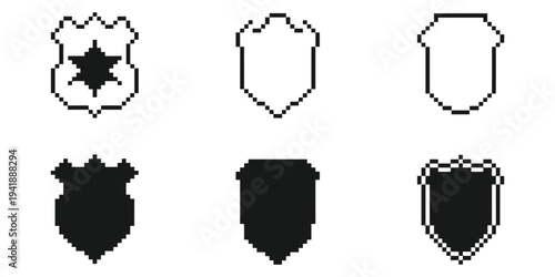 Pixel Art Shield Icon Set, Security and Protection Symbol Collection with Various Pixelated Shield Designs, Retro Game Style Defense Icons Isolated on White Background, Vector Illustration