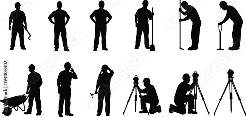 Silhouettes of construction workers in safety helmets performing diverse tasks with tools, wheelbarrows, and surveying equipment, representing teamwork, industry