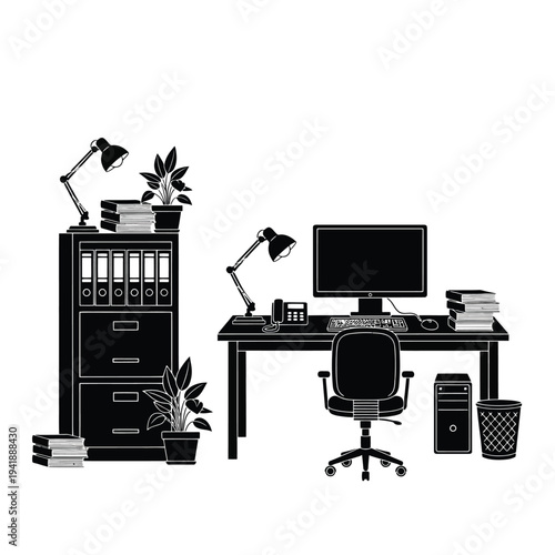 Black and white silhouette of an office desk setup with computer, chair, filing cabinet, lamps, plants, and waste bin