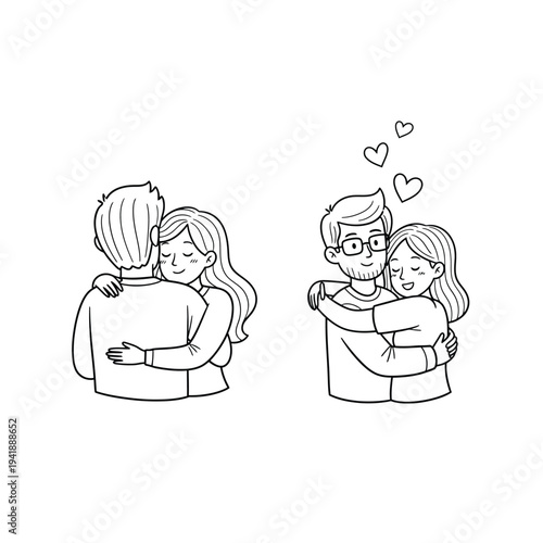 Loving couple hugging, tender embrace, romantic relationship, close connection, hand-drawn illustration