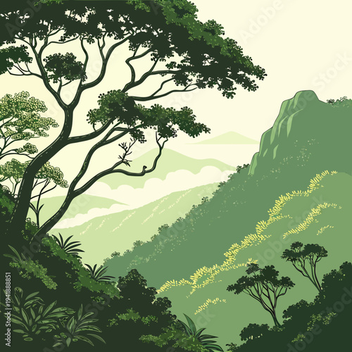 Tropical mountain ridge with lush green trees and foliage