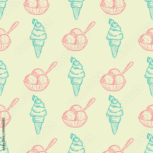 Ice cream seamless pattern in turquoise and pink color. Summer dessert, sweet food. Hand drawn vector sketch illustration in vintage doodle crayon charcoal style