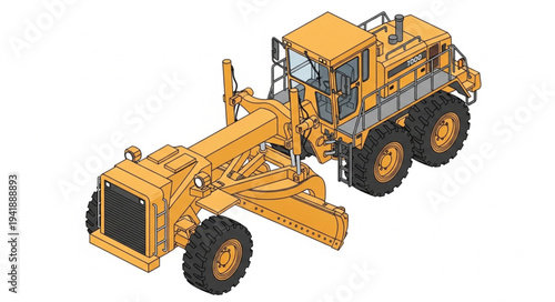 Yellow heavy machinery grader on white background.