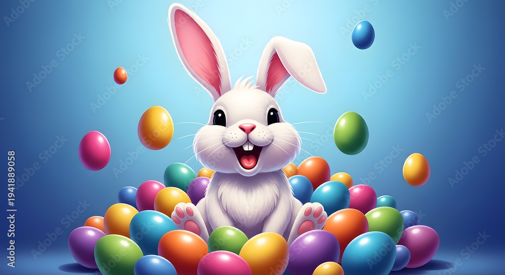 Fototapeta premium Easter sunday celebration with joyful easter bunny surrounded by colorful eggs