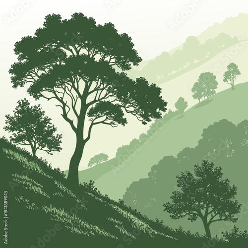 Green mountain slopes with dense woodland and soft gradient hues