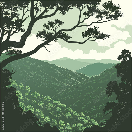 Green mountainside with tree branches and foliage hills