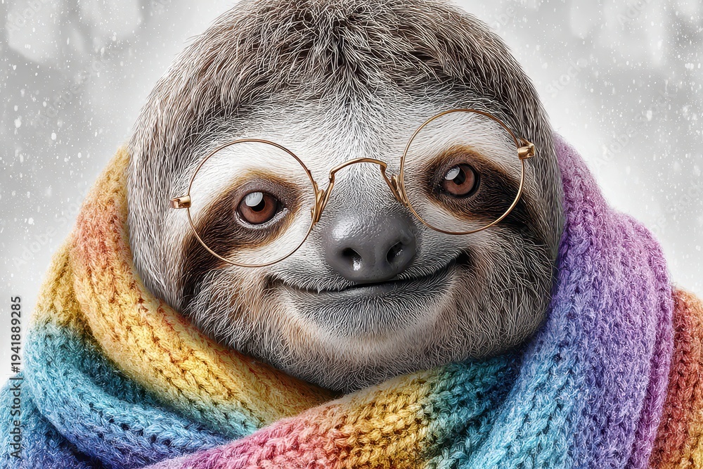 Fototapeta premium A charming sloth with round glasses and a rainbow scarf, creating a cozy winter portrait with a friendly smile, embodying warmth and a playful spirit in the snow.