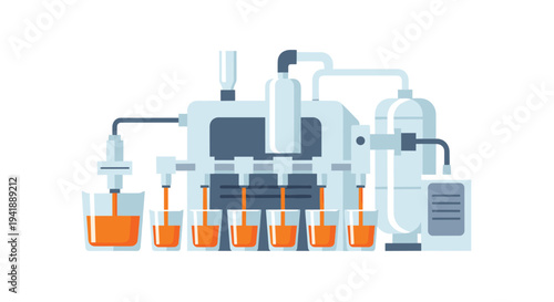 A complex industrial machine, primarily light gray and blue, is actively dispensing orange liquid into five clear glasses arranged in a row against a white background.