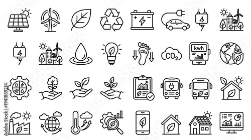 Set of eco friendly icons vector, sustainability symbols, green energy illustrations