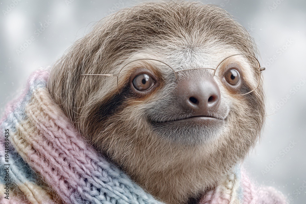 Obraz premium A charming close-up portrait of a sloth wearing glasses and a cozy scarf, with a soft and dreamy aesthetic and a neutral background, creating a whimsical scene.