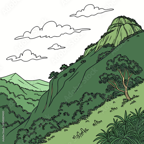 Green mountain slopes with trees and clouds hills