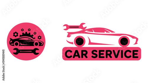 A pair of modern car service logo designs featuring vehicles, wrenches, and gears in pink.