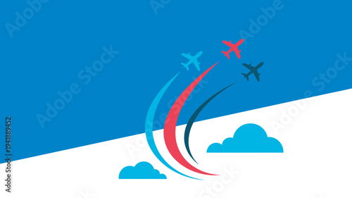 Three colorful airplanes with long, flowing trails flying towards the upper right corner of the frame.
