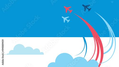 Three colorful airplanes with long, flowing trails flying towards the upper right corner of the frame.