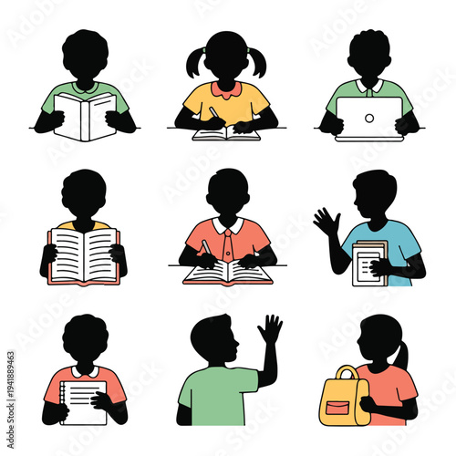 A colorful vector graphic illustration of nine children in a classroom setting with various learning activities