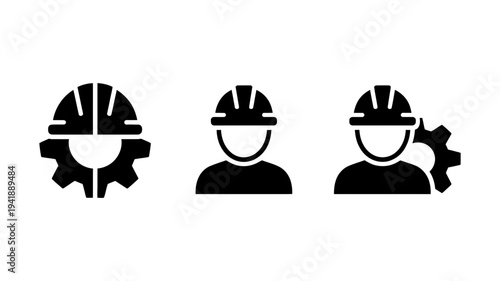 Three solid black icons representing workers and industrial gears