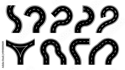 A varied assortment of winding roads, sharp curves, and distinct road junctions from above.