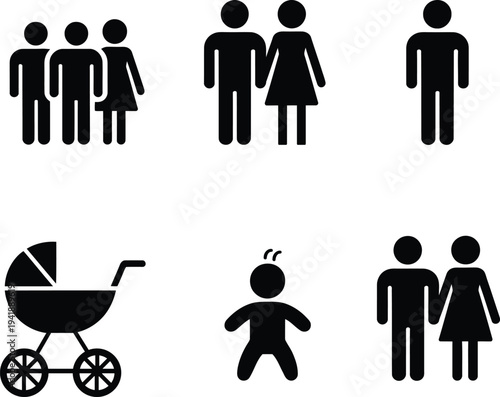 Family life stages from couple to parenthood represented by simple icons.
