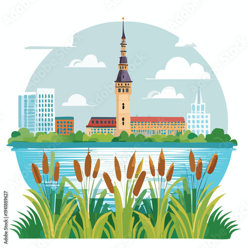 Towering building and lakeside vegetation illustration