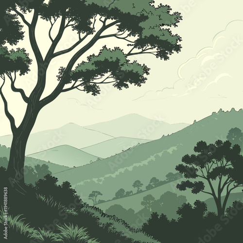 Green hillside with trees and cloudy sky clouds landscape