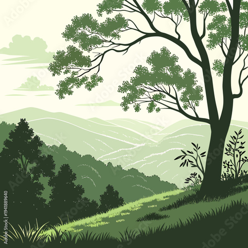 Green hillside with tree and rolling hills landscape