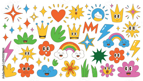 Groovy Retro Cartoon Elements and Characters Keywords: retro, cartoon, groovy, doodle, 70s, 80s