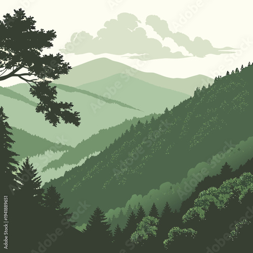 Green mountain landscape with trees and clouds hills