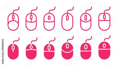 A vibrant set of twelve computer mouse icons featuring both outline and solid pink designs.