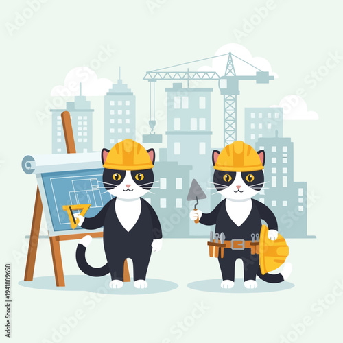 Two cartoon cats as construction workers, one with a blueprint and measuring tools, the other with a trowel and tool belt, in a city skyline