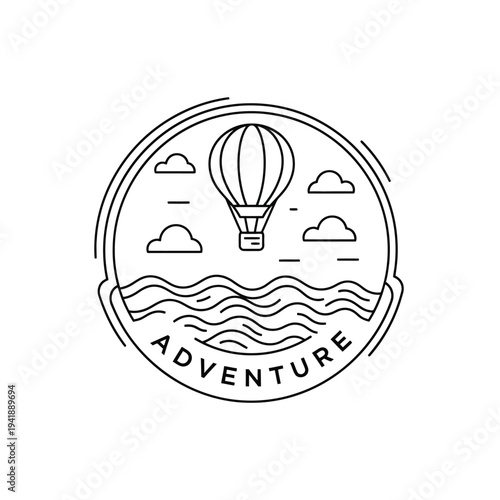 Circular line art emblem of a hot air balloon floating over wavy water with clouds, text 'adventure' below