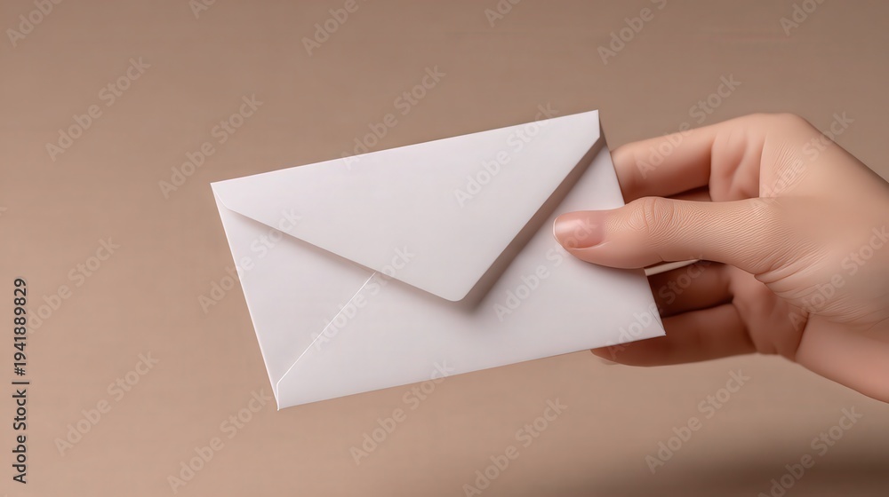 Fototapeta premium A hand holding a blank white envelope against a neutral background, perfect for use in concepts related to communication, mail services, or invitations,