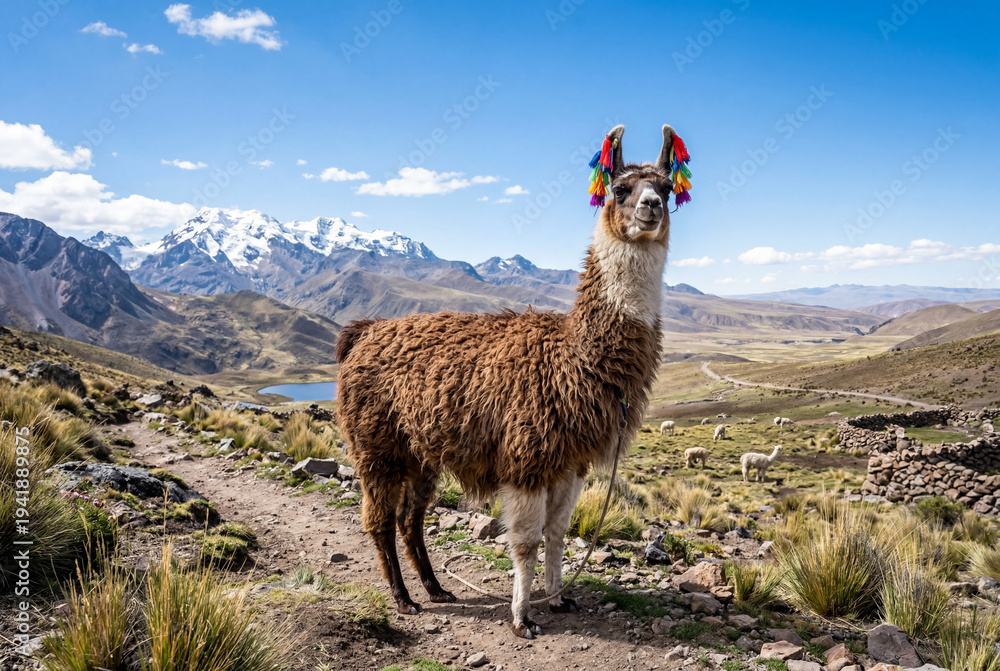 Fototapeta premium Wild llama with colorful ear tassels standing in a high mountain landscape