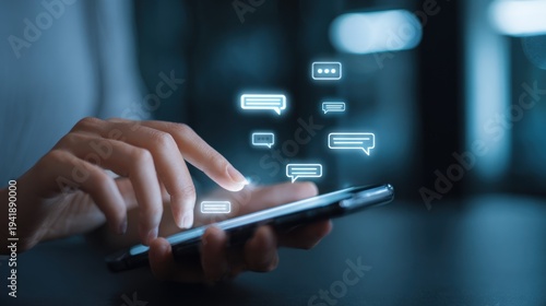 Woman using phone with message bubbles