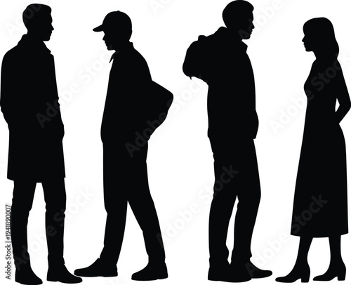 Minimalist silhouette illustration of four diverse individuals facing each other in pairs, highlighting human interaction, social engagement, fashion variety, 