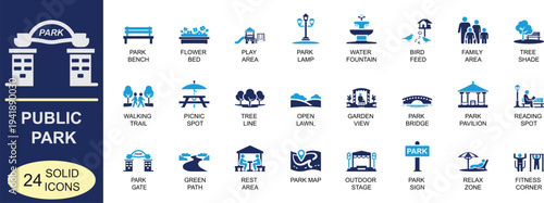 Solid public park icon set. Featuring nature, tree, bench and recreation symbols in bold vector style for web, mobile apps, tourism, city maps and outdoor design projects.