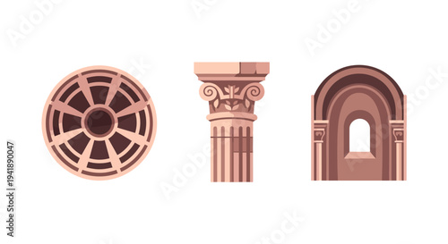 Classical architecture elements: rose window, ionic column, roman arch in flat style
