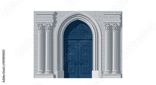 A magnificent dark blue arched double door with intricate golden-brown patterns stands between two fluted grey stone columns on a light grey architectural facade.