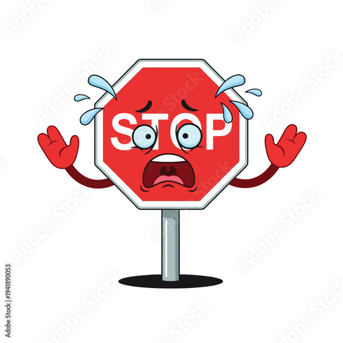 Scared stop sign character with sweat drops, funny vector graphic