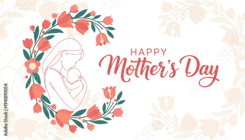Happy Mother's Day Loving Mom and Baby Floral Wreath Greeting Card Social Media Banner
