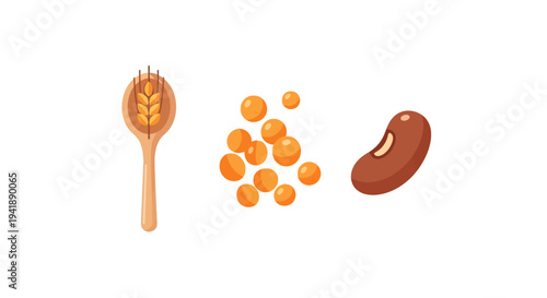 Minimalist icons of wheat, lentils, and bean on white background