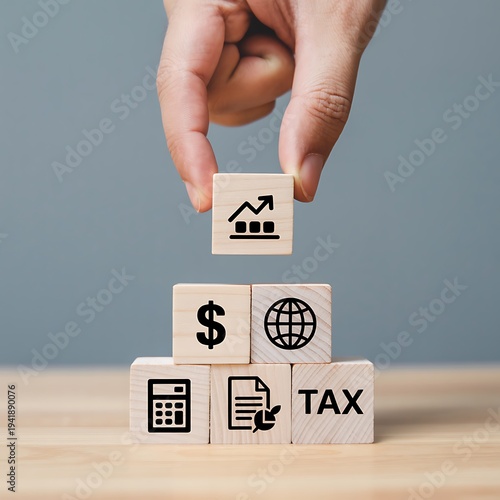Business Growth Finance Concept with Wooden Blocks and Tax Icons
